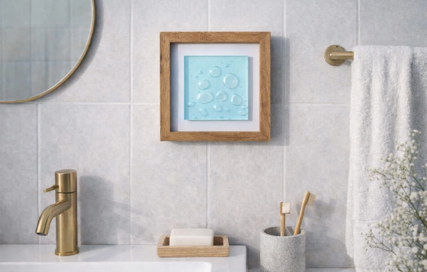 Tableau 25cm résine epoxy effet eau et bulles d'air cadre en chêne